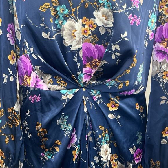 Maggy London Petite Women's Navy Blue Floral Satin Dress 10P Ruched Waist - Picture 5 of 14